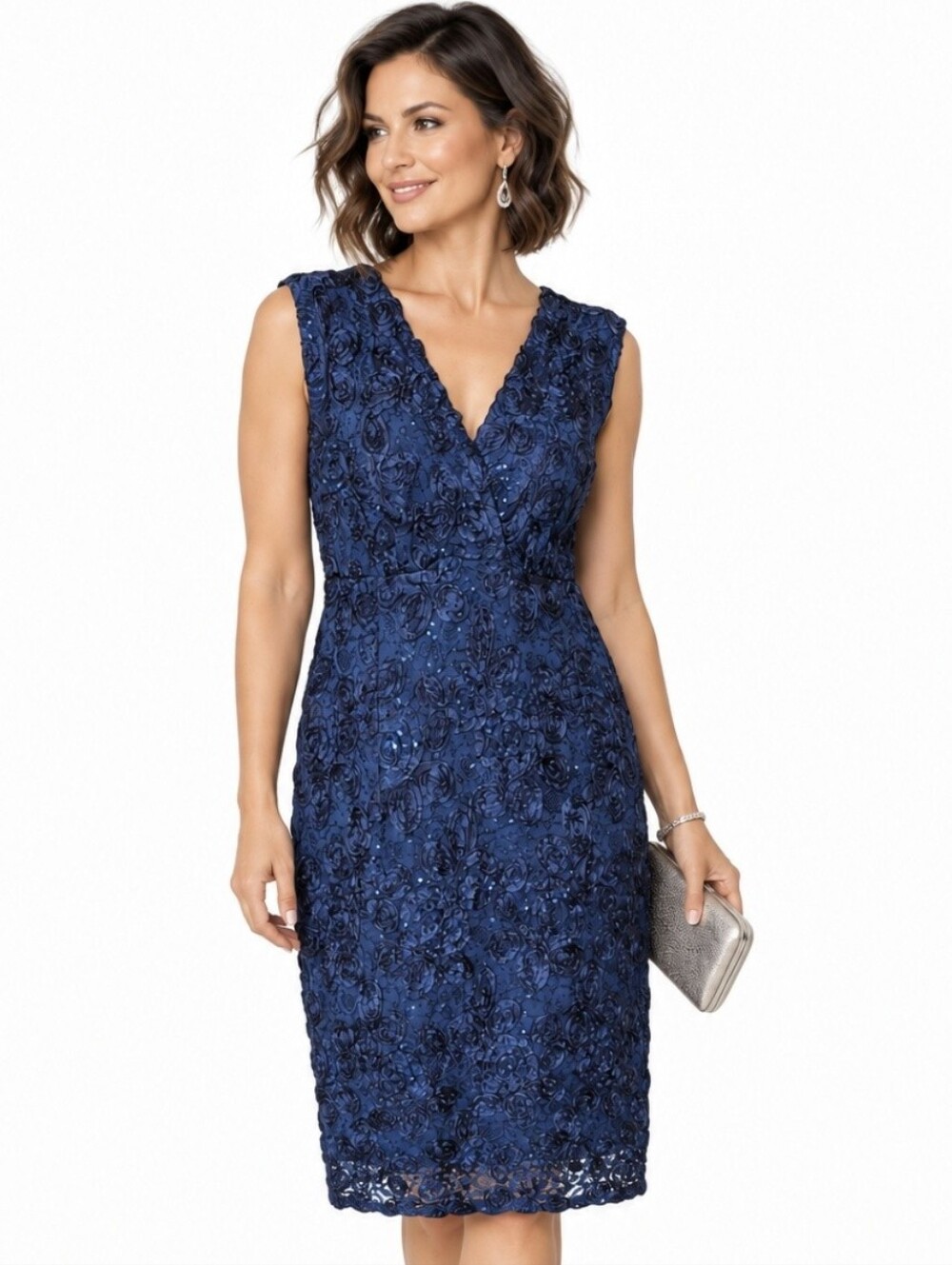 Marina 18W Navy Ribbon Rosette Lace Sequin V-Neck Cocktail Dress